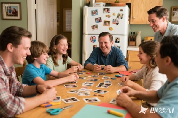 family gathering arroung a table for making photo magnets