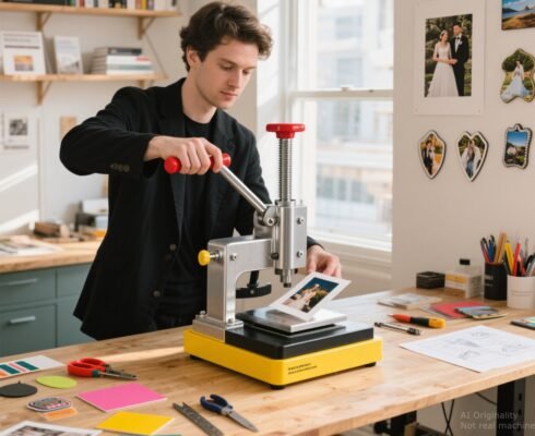 A man making photo magnets