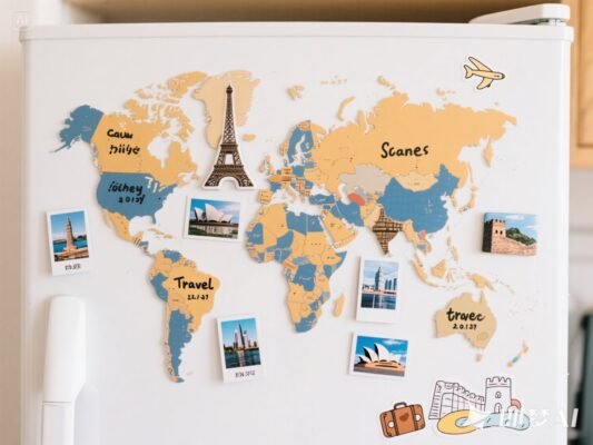 world map fridge magnets with travel photos